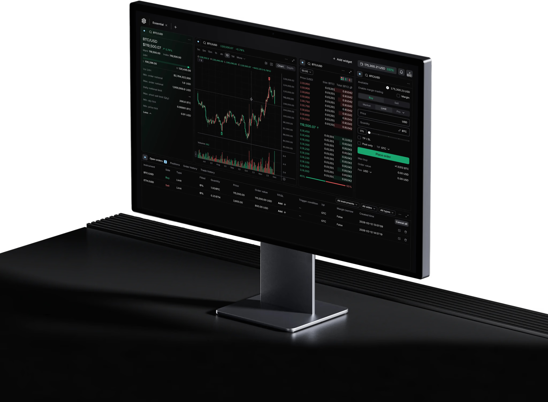 Vantage trading platform on a desktop monitor showing BTC/USD chart, order book, and open orders